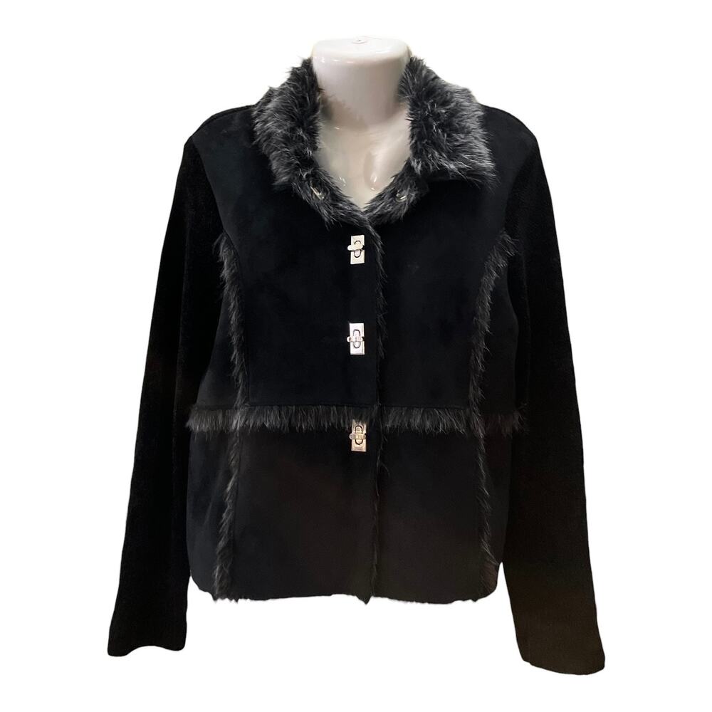 Lisa International Women's Black Faux Fur Lined Suede Button Sweater Coat SZ PL